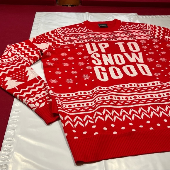 Red White Ugly Christmas Sweater "Up To Snow Good" Large Tall Winter Snow Trees - Picture 11 of 13
